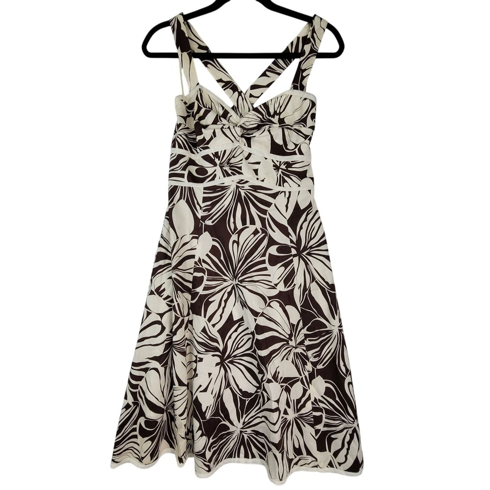 Yves Cossette Depeche Mode VTG Brown White Floral Cotton Midi Dress Size 8 NEW